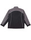 A reversible jacket featuring a black and grey design with contrasting white piping and a logo.