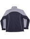 A reversible jacket featuring contrast navy and grey colours with white stitching and a high collar. It has a logo on it.