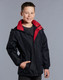 A kids' varsity jacket in black with a red collar, featuring a logo and a drawstring waistband.