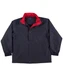 A black varsity jacket with a red collar, featuring a logo and snap-button front closure.