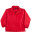 A bright red varsity jacket featuring a snap closure and elasticated cuffs. It includes a logo on the chest.