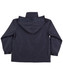A navy jacket with a hood, featuring a simple design and a logo on the back.
