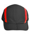 A black cap with red stripes on the sides and a logo on the front.