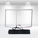 A tabletop tension fabric display frame in white, accompanied by a black carrying bag.