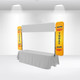 A table top banner with yellow side panels and a blank central area, set up in a bright indoor space.