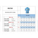 A size chart for a short-sleeved UPF 50+ rashie, featuring various measurements for men’s, women’s, and kids’ sizes.