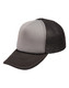 A grey and black trucker cap with a solid front panel and a mesh back, featuring a logo on the front.