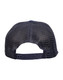 A navy blue trucker cap featuring a mesh back and an adjustable strap. The cap has a logo.
