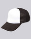 A black and white trucker cap featuring a solid front panel and mesh back. It has a curved brim and a logo.