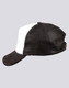 A black and white trucker cap featuring a mesh back and a curved brim, with a logo on the front.