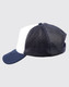 A navy blue and white trucker cap featuring a mesh back and a curved brim, complete with a logo.