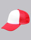 A red and white trucker cap with a solid front panel and mesh back. It features a curved peak and has a logo.
