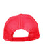 A red trucker cap featuring a mesh back and an adjustable snap closure. It has a logo on the front.