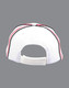 A structured cap in white with red and black accents and a rear adjustable strap. Features a branding logo.