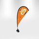 A teardrop flag with an orange background and a black suction cup base, featuring a logo and food imagery.