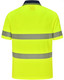A bright yellow unisex polo shirt featuring segmented reflective stripes and a navy collar, with a logo on it.