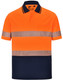 Unisex orange and navy segmented safety polo shirt with reflective stripes and a pocket. Features a logo.