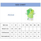 A size chart featuring dimensions for a unisex polo shirt in green and white with a logo.