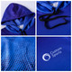 A unisex adults polyester spandex hoodie in shades of blue, featuring a pocket and a logo.