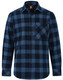 A unisex flannel plaid shirt featuring a navy and blue check pattern, with a button-up front and a pocket.