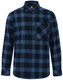 A unisex button-up flannel shirt in navy and light blue plaid, featuring a chest pocket and a logo.