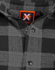 A black and grey plaid unisex flannel button-up shirt featuring a logo on the label.