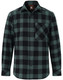 A unisex flannel plaid shirt in black and green with a button-up front and a chest pocket. Features a logo.