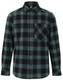A unisex flannel plaid shirt in black and teal with a button-up front and a single chest pocket.