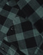 A close-up of a unisex flannel plaid shirt featuring a black and dark green check pattern with button details.