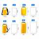 Yellow waterproof dry bags in various sizes, featuring straps and a logo, displayed alongside their dimensions.
