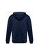 A navy blue hoodie with a hood and long sleeves, featuring a logo on the back.
