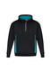 A unisex hoodie in black with teal accents and a front zip. It features a hood and a logo on the label.