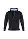 A black unisex hoodie with white side panels and a front zipper. It features a hood and has a logo.