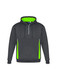 A grey unisex hoodie featuring bright lime green accents and a front zipper. It has a logo on the chest.
