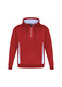 A unisex hoodie in burgundy with white side panels and a front zipper. It features a hood and a branded logo.