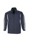 A navy jacket featuring white stripes on the sleeves and a zip-up front. It has a logo on the chest.