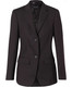 A black mid-length women's jacket with two buttons and a tailored design, featuring pockets and a single vent.