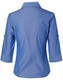 A blue women's button-up shirt with 3/4 sleeves, featuring a collar and rolled-up cuffs. The shirt has a logo.