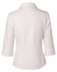 A white women's button-up shirt featuring 3/4 sleeves and a back view with a logo.