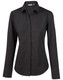 A black women's long sleeve button-up shirt with a classic collar, featuring a logo on the chest.