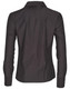 A dark grey women's button-up long sleeve shirt with a collar and buttoned cuffs, featuring a logo.