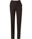 Women's low rise pants in dark brown poly/viscose stretch fabric, featuring a sleek design and a branded tag.