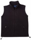 A black unisex polar fleece vest featuring a zip front and side pockets, with a logo on the upper part.