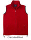 Unisex polar fleece vest in cherry red with black accents, featuring a full zip and two front pockets.