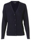 A women's black 100% Merino wool long-sleeve cardigan with a button front and v-neck design. It features a logo.