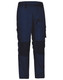 Unisex utility stretch cargo work pants in navy blue with black accents and multiple cargo pockets. Features a logo.