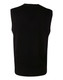 A black V neck wool and acrylic knit vest, featuring a sleeveless design and ribbed bottom hem.