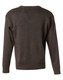 A grey V neck wool and acrylic knit jumper viewed from the back, featuring a simple design and long sleeves.