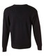 A black V-neck wool and acrylic knit jumper with long sleeves and ribbed hem. Features a logo on the back.