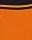 A close-up view of a unisex hi-vis polo shirt featuring orange and black colours, with a ribbed texture and a logo.